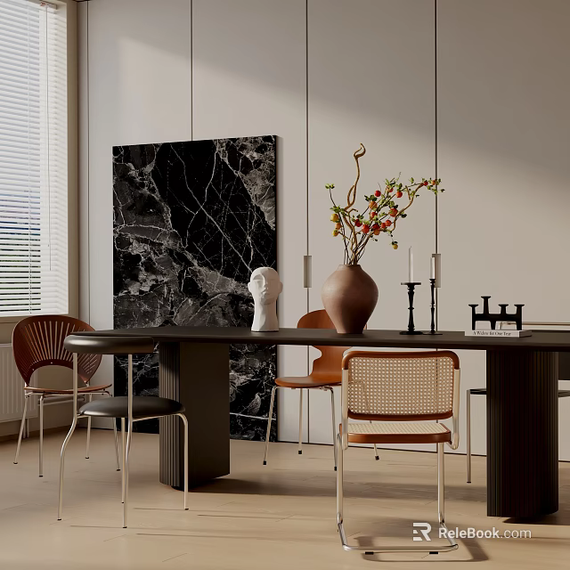 Modern Dining Table Set With Chairs Vase Sculpture Candle Holders And Black Marble Artwork 3d model 