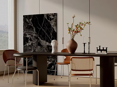 Modern Dining Table Set With Chairs Vase Sculpture Candle Holders And Black Marble Artwork 3d model