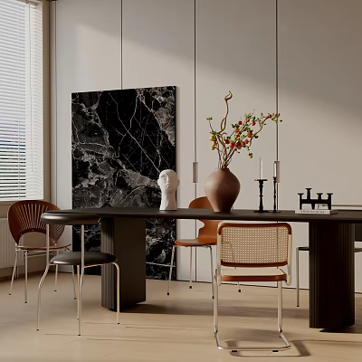 Modern Dining Table Set With Chairs Vase Sculpture Candle Holders And Black Marble Artwork 3d model