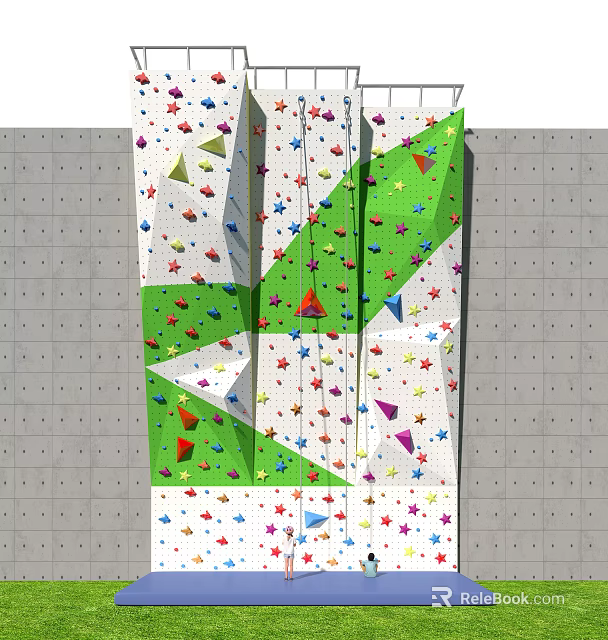 Indoor Climbing Wall Sports Equipment With Colorful Holds Green White Panels And Safety Ropes 3d model 