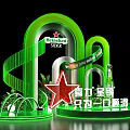 Snow Beer Brand Display Featuring Green Curved Structures and Bottle Design 3d model