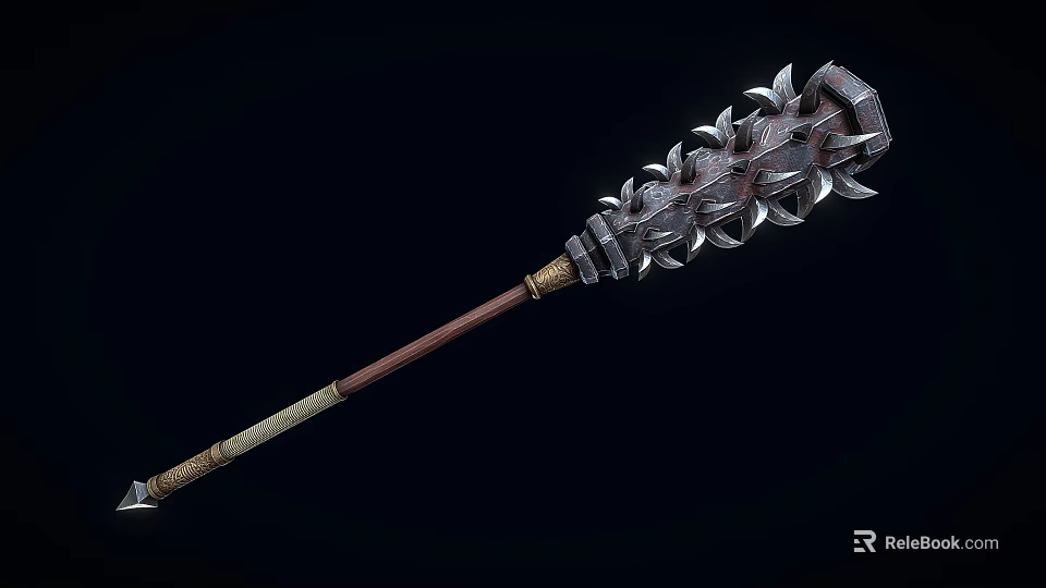 Medieval Spiked Mace With Long Wooden Handle And Metal Combat Head 3d model 