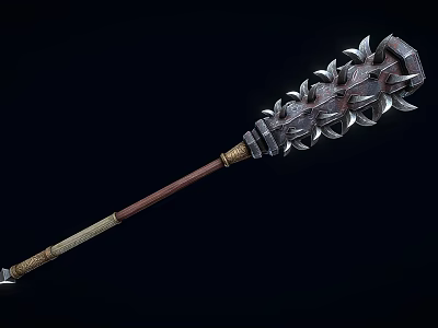 Medieval Spiked Mace With Long Wooden Handle And Metal Combat Head 3d model