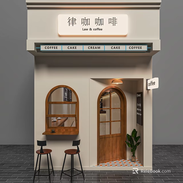 Cafe Storefront Design With Arched Window Wooden Door Coffee Cake Cream Signage And Stools 3d model 