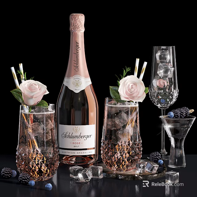 Elegant Pink Champagne Bottle And Crystal Wine Glasses With Ice Cubes Roses And Blackberries 3d model 