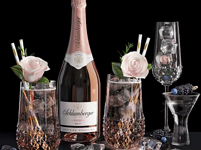 Elegant Pink Champagne Bottle And Crystal Wine Glasses With Ice Cubes Roses And Blackberries 3d model