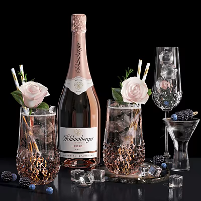 Elegant Pink Champagne Bottle And Crystal Wine Glasses With Ice Cubes Roses And Blackberries 3d model