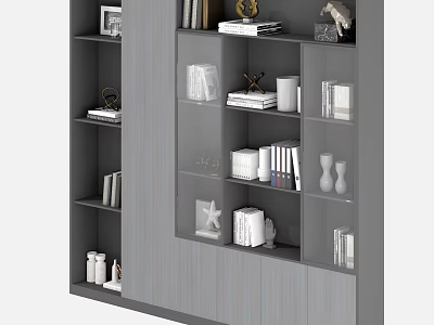 Modern Office Interior With Multi Layered Bookshelf Holding Books And Decorations 3d model