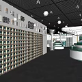 Modern Exhibition Hall Interior With Wall Display Shelves Grid Ceiling And Curved White Counters