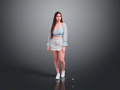 Woman With Long Hair Wearing Light Blue Cropped Top White Distressed Skirt And White Sneakers 3d model