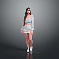 Woman With Long Hair Wearing Light Blue Cropped Top White Distressed Skirt And White Sneakers