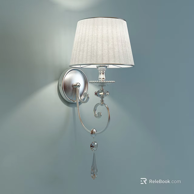 Elegant Silver Wall Lamp With White Fabric Shade On Light Blue Wall 3d model 