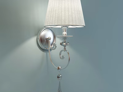 Elegant Silver Wall Lamp With White Fabric Shade On Light Blue Wall 3d model