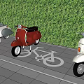 Colorful Motorcycles Parked On Bicycle Symbol Pavement With Green Hedge Wall
