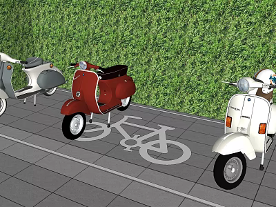 Colorful Motorcycles Parked On Bicycle Symbol Pavement With Green Hedge Wall 3d model