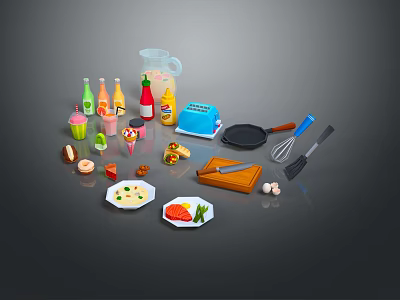 Household Kitchen Essentials Including Bottles Toaster Frying Pan Whisk Knife Cutting Board And Food Items 3d model