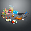 Household Kitchen Essentials Including Bottles Toaster Frying Pan Whisk Knife Cutting Board And Food Items