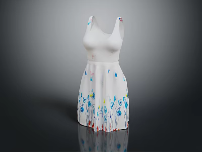 Woman Wearing White Sleeveless Dress With Colorful Floral And Paint Drip Patterns 3d model