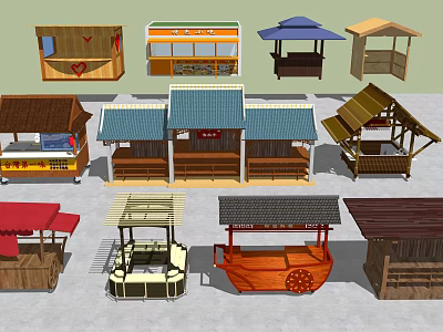 Various Outdoor Vendor Stall Designs With Wooden Structures And Roof Styles 3d model