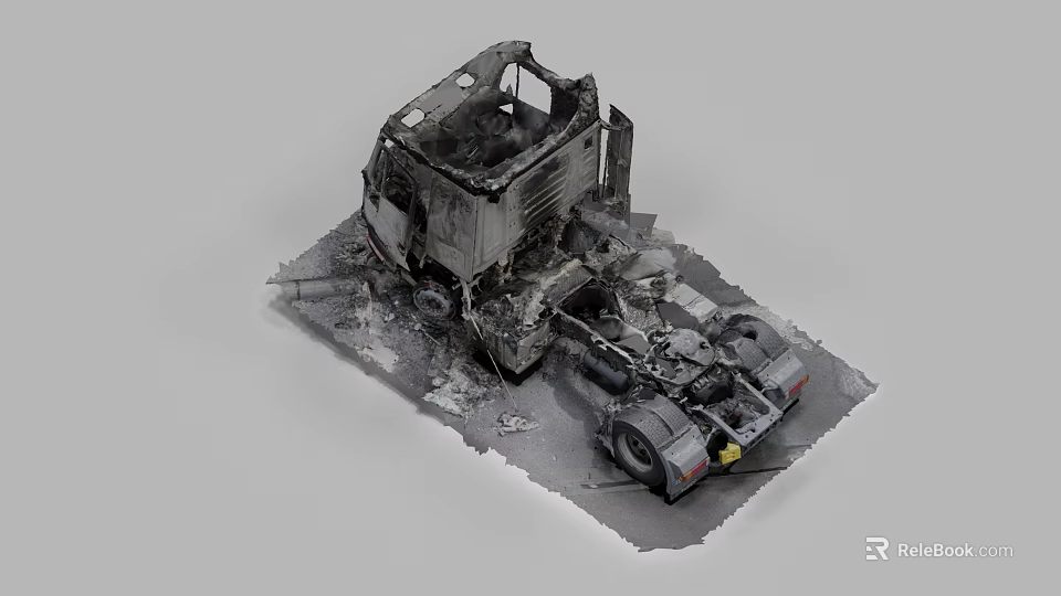 Structural Components of Burned Truck Wreckage Featuring Damaged Metal Frames and Debris 3d model 