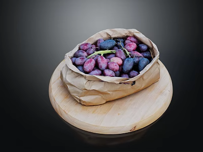 Fresh Purple And Blue Fruits in Paper Bag on Round Wooden Tray Against Dark Background 3d model