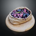 Fresh Purple And Blue Fruits in Paper Bag on Round Wooden Tray Against Dark Background