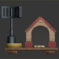 Red Roof Dog House With Pet Feeder Bowl And Dog Bone On Wooden Base