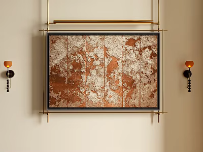 Abstract Painting With Copper Texture In Gold Frame On Beige Wall With Sconces 3d model