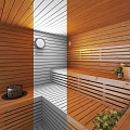 Relaxing SPA Sauna Room with Wooden Benches Traditional Stove Green Plants and Warm Lighting