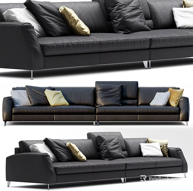 Black Leather Sectional Sofa with Decorative Pillows and Modern Design 3d model