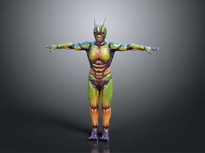 3D Model of Insect Like Humanoid with Green Yellow Muscular Body and Outstretched Arms 3d model