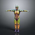 3D Model of Insect Like Humanoid with Green Yellow Muscular Body and Outstretched Arms
