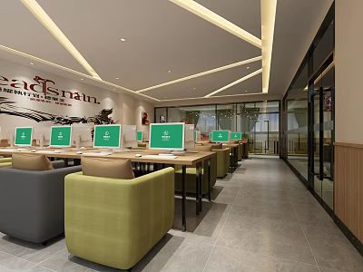 Modern Internet Cafe Interior With Multiple Computers Comfortable Seats And Bright Lighting 3d model