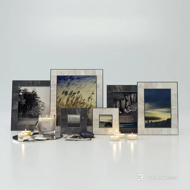 Landscape Paintings in Various Frames with Grass Sky Trees Sunset and Decorative Candles 3d model