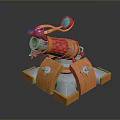 Colorful Red Orange Decorative Cannon With Sturdy Wooden Base And Round Lens