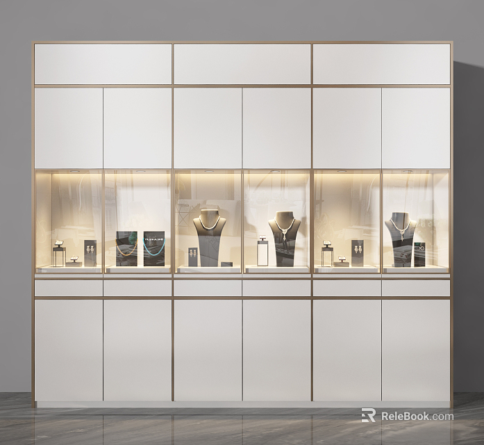 Modern White Jewelry Display Shelves with Gold Trim Illuminated Compartments for Necklace and Ring Exhibition 3d model 