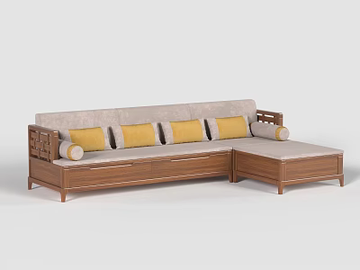 Modern Irregular Sofa with Wooden Frame Yellow Cushions and L shaped Design 3d model