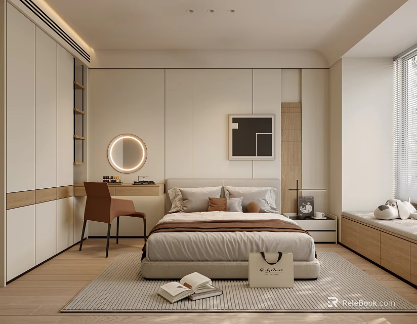 Modern Light Colored Bedroom Interior With Built In Wardrobe Round Mirror And Window Bench 3d model