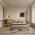 Modern Light Colored Bedroom Interior With Built In Wardrobe Round Mirror And Window Bench 3d model