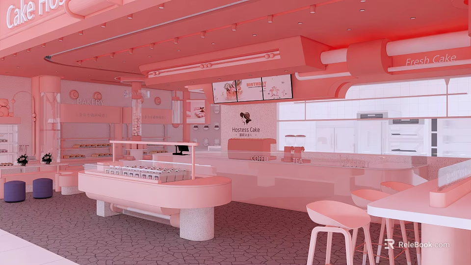 Pink Dessert Shop Interior Design With Open Bar Display Cabinets And Tables Chairs 3d model 