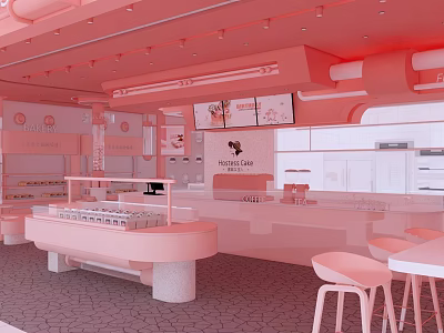 Pink Dessert Shop Interior Design With Open Bar Display Cabinets And Tables Chairs 3d model