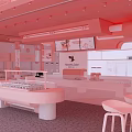 Pink Dessert Shop Interior Design With Open Bar Display Cabinets And Tables Chairs