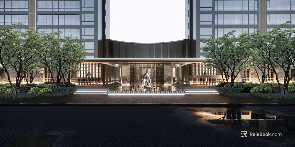 Modern Architectural Facade Featuring Glass Curtain Walls Symmetrical Design Illuminated Entrance And Landscaped Greenery 3d model 