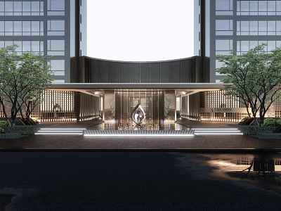 Modern Architectural Facade Featuring Glass Curtain Walls Symmetrical Design Illuminated Entrance And Landscaped Greenery 3d model