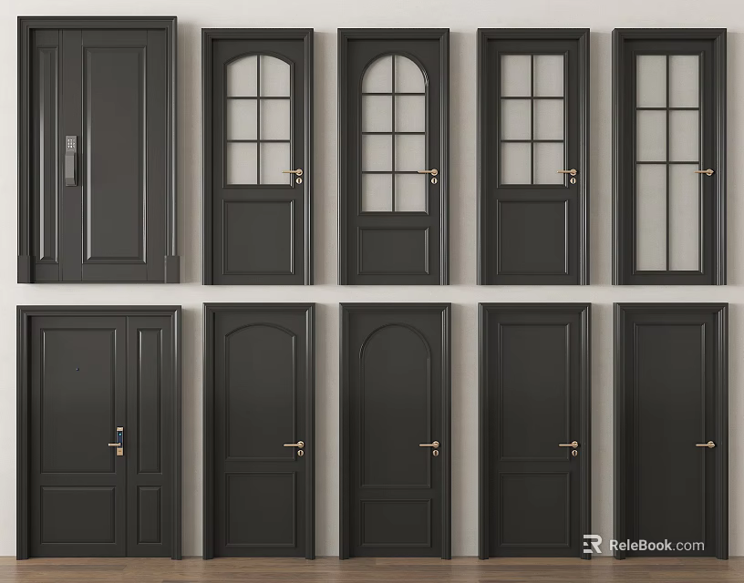 Black Interior Doors With Various Designs Different Styles And Glass Panels 3d model 