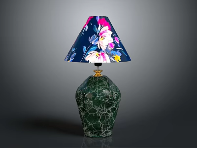 Decorative Table Lamp With Green Cracked Base And Dark Blue Floral Lampshade 3d model