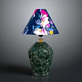 Decorative Table Lamp With Green Cracked Base And Dark Blue Floral Lampshade