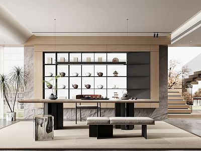 Modern Tea Room Interior With Wooden Shelves Displayed Teacups Teapots Long Table Benches Natural Light 3d model