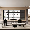 Modern Tea Room Interior With Wooden Shelves Displayed Teacups Teapots Long Table Benches Natural Light