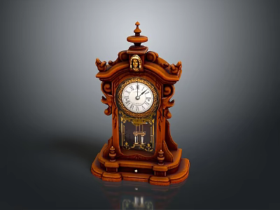 Antique Wooden Mantel Clock With Carved Decorative Details Roman Numeral Face And Pendulum 3d model